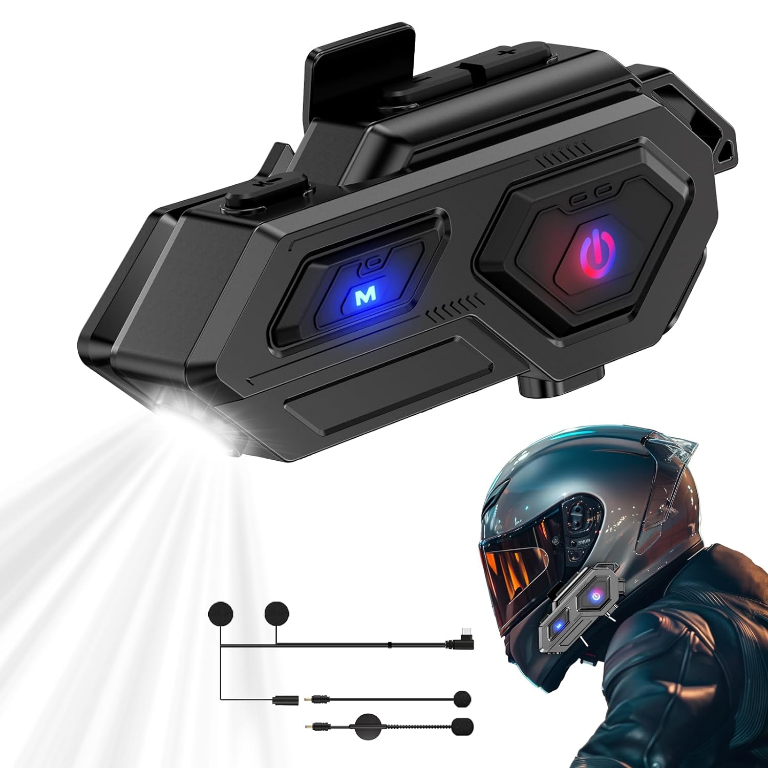 EDYELL C8 MOTORCYCLE BLUETOOTH HEADSETS, LED EMERGENCY LIGHT, HD CALLING, WIRELESS DUAL EARPHONE, V5.3, IPX6 WATERPROOF, COMPATIBLE WITH ALL HELMETS