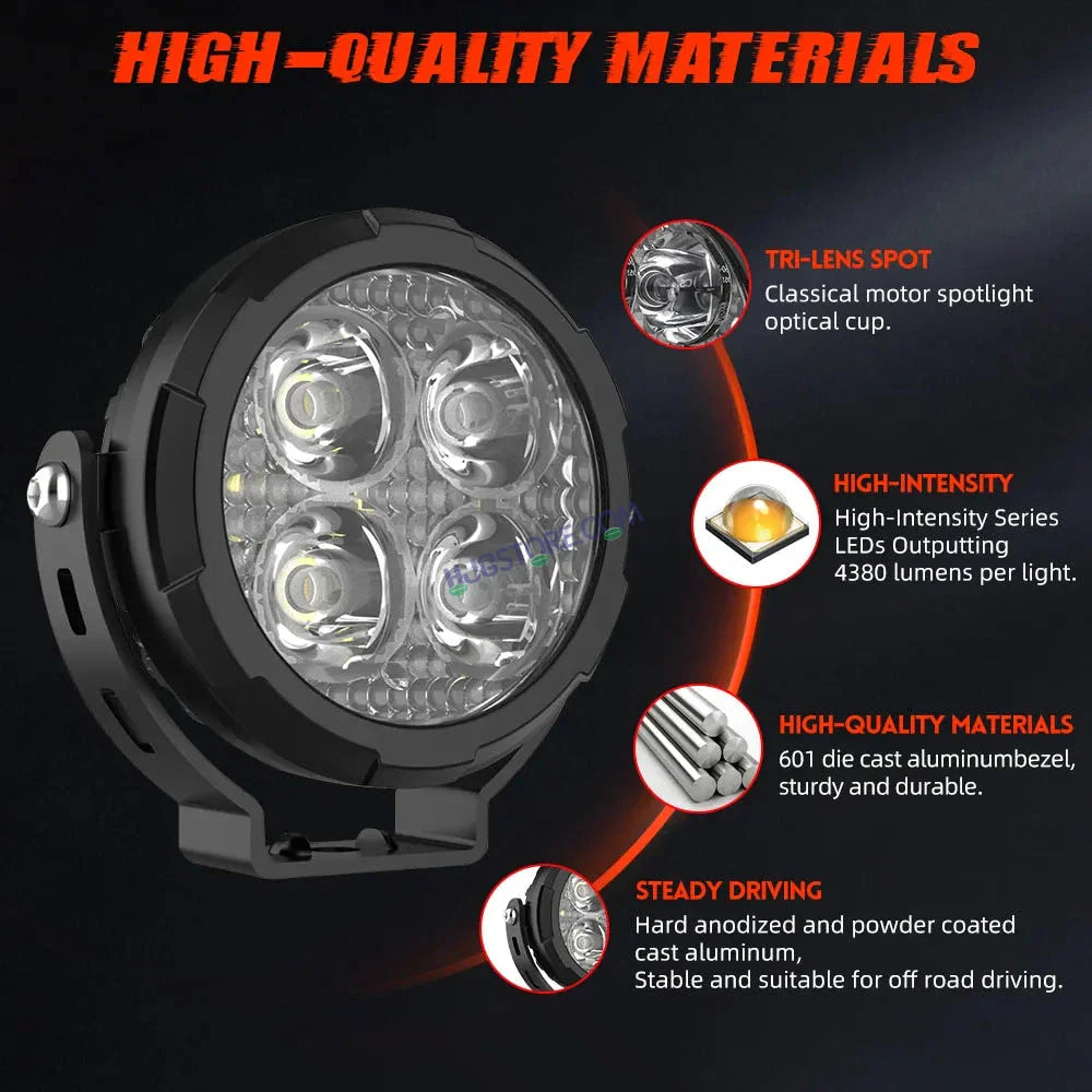 HJG 4 LED 80W ROUND CREE FOGLIGHT FOGLAMP WITH YELLOW COVER 80W 4 LED HJG 80W 4 LED CAR ACCESSORIES LED HEADLIGHTS LIGHTS LED FOG LIGHTS FOR MOTORCYCLE CAR SUV LIGHTS, SET OF 2 WITH WIRING HARNESS KIT HJG 4 LED ROUND 80W