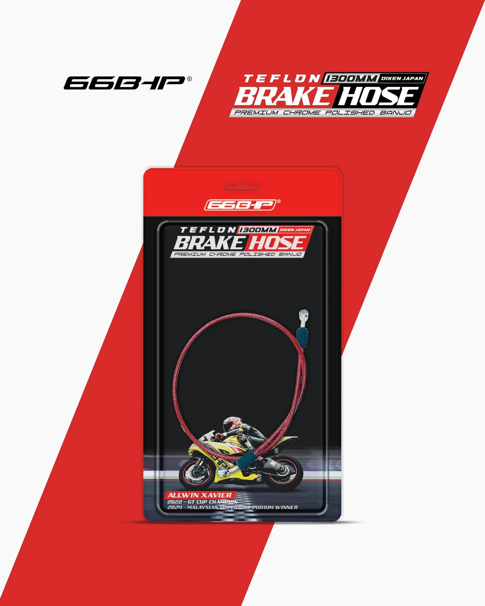 1300MM 66BHP TEFLON BRAKE HOSE (DIKEN JAPAN) WITH PREMIUM CHROME POLISHED BANJO